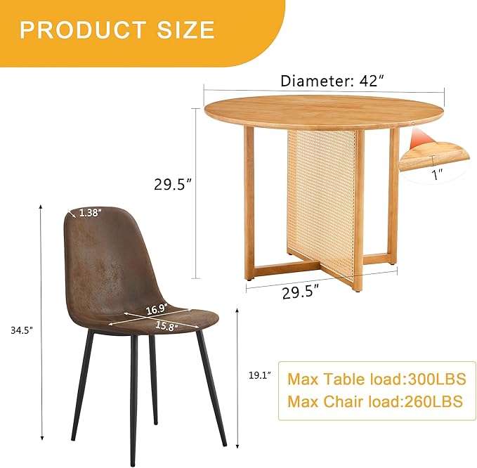 Rubber Wood Round Dining Table Set with 4 Chairs, 42 Inch Diameter Natural Wood Table with Imitation Vine Texture Legs, Perfect for Dinner, Meetings, Home and Office