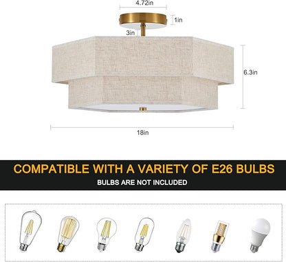 Modern Semi Flush Mount Ceiling Light 18" Modern Gold Drum Ceiling Lighting Fixture with Linen Shade Vintage Ceiling Lamp for Living Room, Bedroom, Kitchen, Dining Room, Hallway, and Entryway