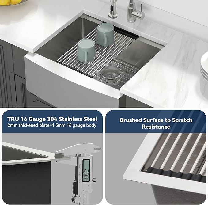 Lordear 24" Farmhouse Sink Short Apron Front Ledge Workstation 24" x 21" Farm Sink 16 Gauge Stainless Steel Single Bowl Kitchen Farm Sinks