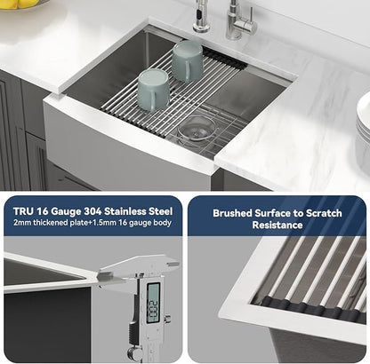 Lordear 24" Farmhouse Sink Short Apron Front Ledge Workstation 24" x 21" Farm Sink 16 Gauge Stainless Steel Single Bowl Kitchen Farm Sinks