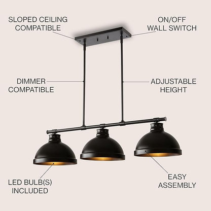 JONATHAN Y 36" Oil Rubbed Bronze 3-Light Iron Linear Pendant Light, Industrial Modern Farmhouse Fixture for Kitchen Island Dining Room, Adjustable Height, LED Bulbs Included JYL1117A