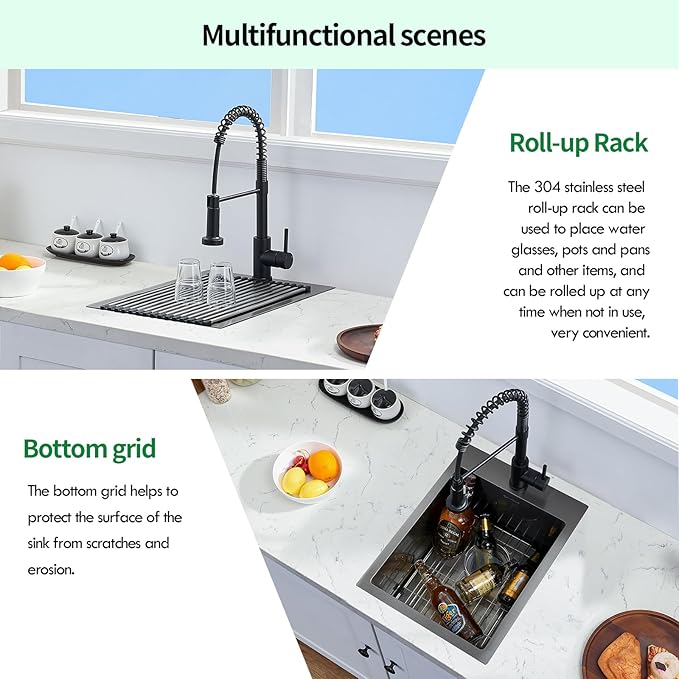 Drop In Kitchen Sink, 15 x 20 Inch Single Bowl Topmount Small Bar Sink 16 Gauge T-304 Stainless Steel Gunmetal Black Kitchen Sinks