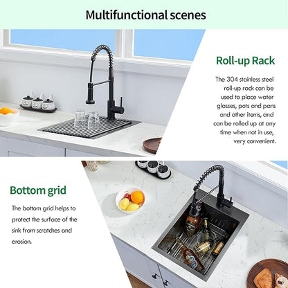 Drop In Kitchen Sink, 15 x 20 Inch Single Bowl Topmount Small Bar Sink 16 Gauge T-304 Stainless Steel Gunmetal Black Kitchen Sinks