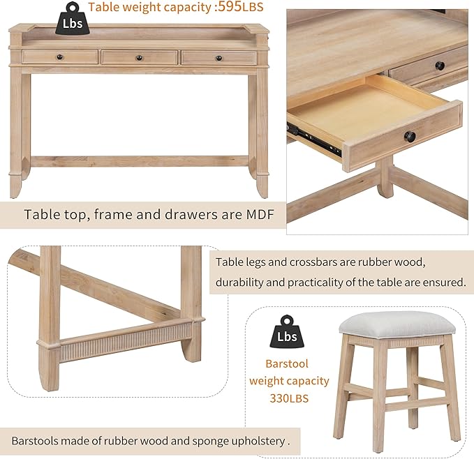 Merax 4 -Piece Farmhouse Dining Table Set with USB Charging/Drawers Wood Table with 3 Cushion Stool for Kitchen Dining Room Natural Wood Wash
