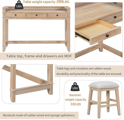 VilroCaz 4-Piece Counter Height Extra Long Dining Table Set with 3 Drawers and Upholstered Stools, Rubber Wood Dining Table Set Home Bar Table Set with Footrest and USB Port (Natural-B1)
