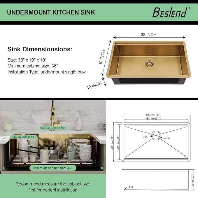 33x19 Undermount Gold Kitchen Sink - Beslend Stainless Steel Ledge Workstation Kitchen Sinks Gold Sink 16 Gauge Single Bowl Undermount Basin