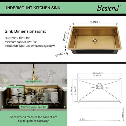 33x19 Undermount Gold Kitchen Sink - Beslend Stainless Steel Ledge Workstation Kitchen Sinks Gold Sink 16 Gauge Single Bowl Undermount Basin