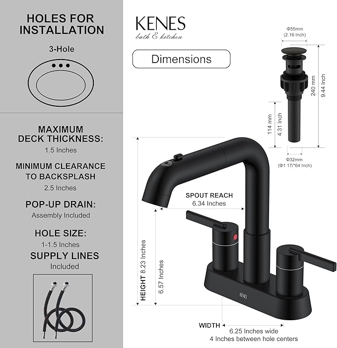 KENES Matte Black Centerset Bathroom Faucet with Pull Down Sprayer, 4 Inch 2 Handle Pull Out Bathroom Faucet 3 Hole, Bathroom Sink Faucet with Pop Up Drain & Supply Lines LJ-9059A-2