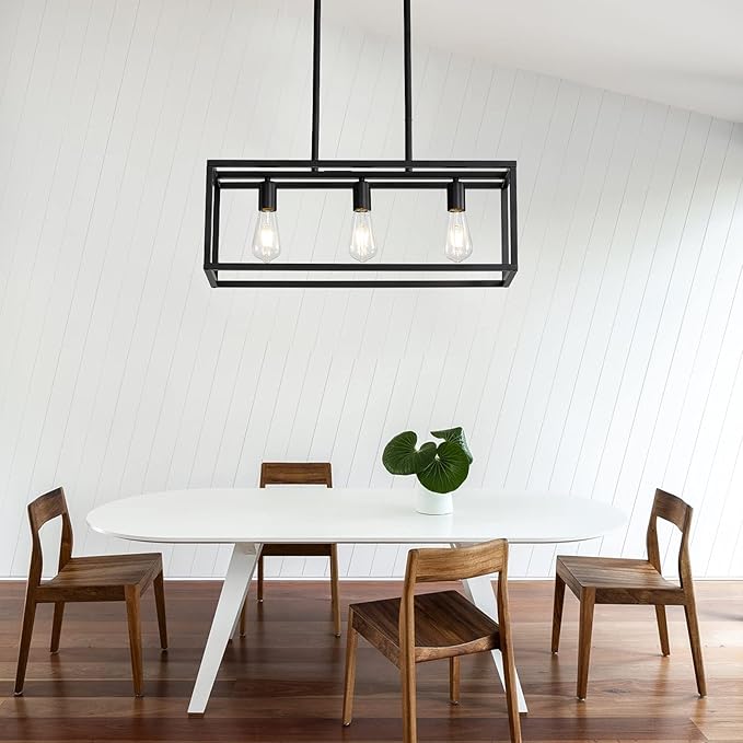 Black Kitchen Island Lighting, Modern Linear Cage Retangular Chandelier, 3 Lights Industrial Metal Hanging Light Fixture for Farmhouse Kitchen Dining Room Bar Foyer