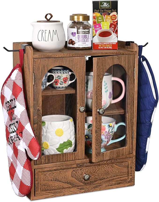 Ikee Design Wooden Countertop Storage Cabinet with Magnetic Door, Adjustable Shelves, Removable Hooks and Drawer for Perfume, Makeup, Pantry, Brown Color, 12.2 W x 6 D x 15.7 H in