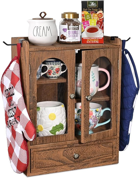 Ikee Design Wooden Countertop Storage Cabinet with Magnetic Door, Adjustable Shelves, Removable Hooks and Drawer for Perfume, Makeup, Pantry, Brown Color, 12.2 W x 6 D x 15.7 H in