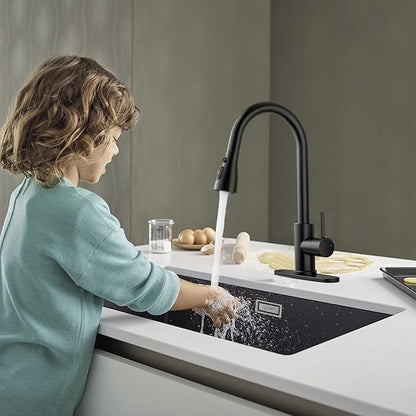 Kitchen Faucet with Pull Down Sprayer，Stainless Steel Single Handle Kitchen Faucet，1/3 Hole, Deck Plate Included，Suitable for farmhouses, Campers, Laundry Rooms, RVs, and Bars(Black)