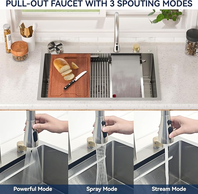 30 Kitchen Sink Drop In with Faucet - Lordear 30x19 Inch Waterfall Kitchen Sinks Topmount Stainless Steel 16 Gauge Single Bowl Workstation Kitchen Sink With Faucet Combo