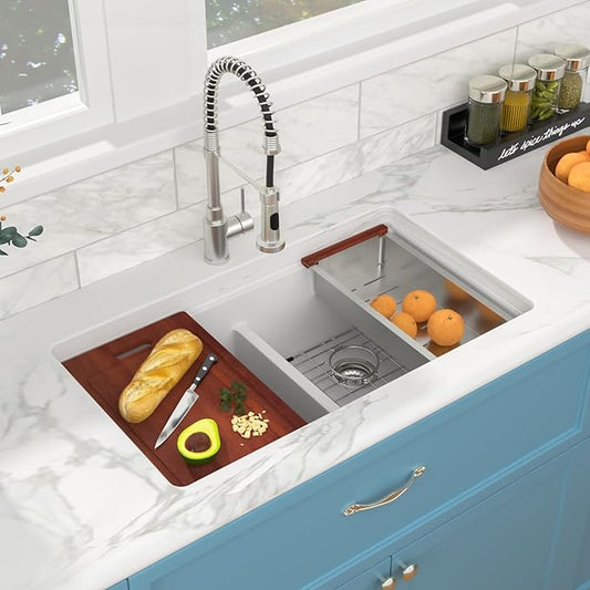 Sarlai 33 Granite Kitchen Sink Double Bowl - 33"x19" White Granite Composite Kitchen Sink Ledge Workstation White Undermount Double Bowl 50/50 Low Divide Quartz Classic Composite Under Counter Basin