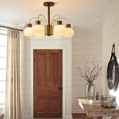 KCO Lighting 6-Lights Ribbed Milk Glass Chandelier Farmhouse Rustic Walnut Wood Chandelier Lighting Frosted White Globe Pendant Light Mid Century Modern Gold Semi Flush Mount Ceiling Light