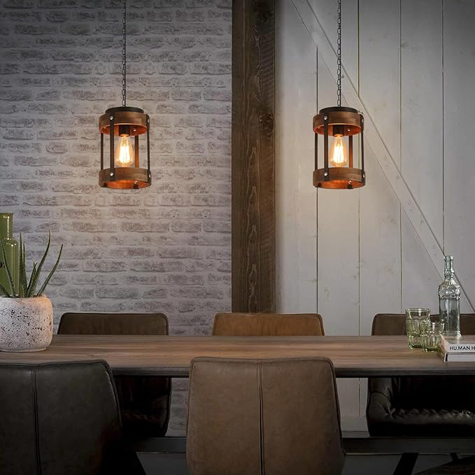 Rustic Farmhouse Plug in Pendant Light Fixture with Adjustable Chain, Dimmable Switch, Oak Wood and Metal Drum Cage Mini Hanging Lamp for Kitchen Island Living Room Hallway Farmhouse Bar, Black