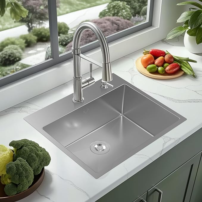 Kitchen Sink 25x22 Inch Drop In Kitchen Sink Top Mount 16 Gauge Deep R10 Single Bowl 2-Hole Stainless Steel Sink with Accessories