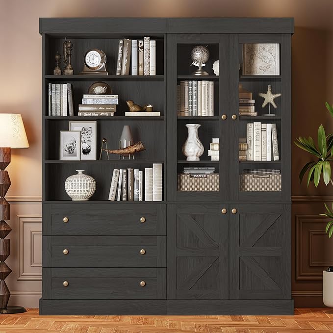 ivaniti 71" Tall Farmhouse Kitchen Pantry, Large Storage Cabinet with Glass Doors, Adjustable Shelves, 3 Drawer, Wood Versatile Hutch Cabinet for Dining Room, Living Room, Black 2 Pcs