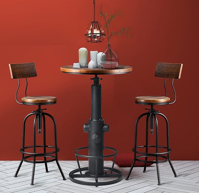 LOKKHAN Industrial Bar Table 38.6"-48.4" Height Adjustable Swivel Round Wood Tabletop 23.7" Dia, Kitchen Dining Office Coffee Bistro Pub Table