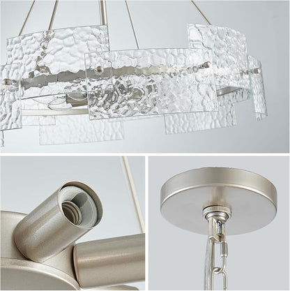 XINGQI 26" Large 8-Light Modern Silver Glass Chandelier Drum Light Fixture Round Water Ripple Pendant Lighting for Dining Room Living Room Kitchen Island Office