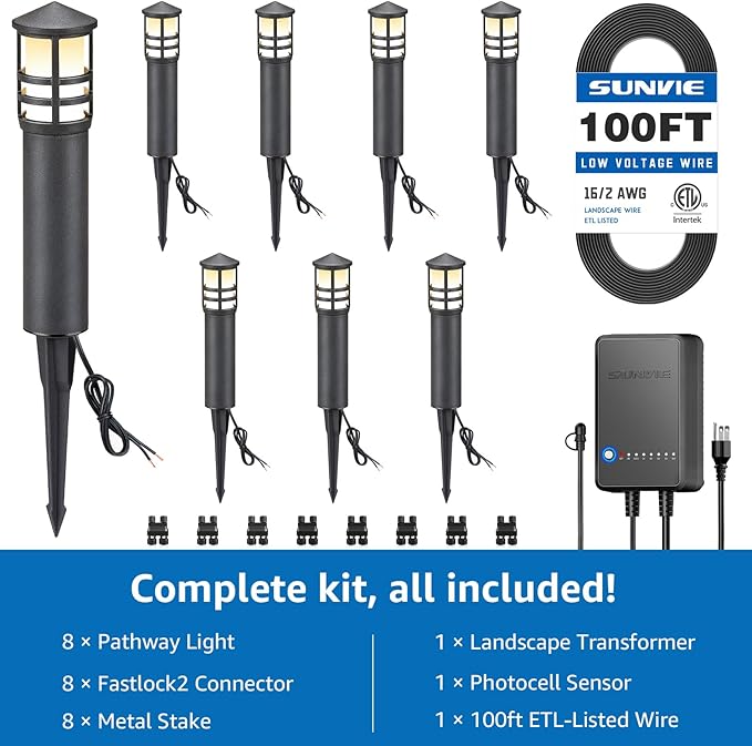 SUNVIE All-in-One LED Landscape Lighting Kit, 8-Pack Low Voltage Pathway Lights with Transformer and 100FT 16/2 AWG Wire, 3000K Waterproof Landscape Lights with Connectors for Walkway Garden Yard