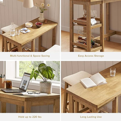 mopio Kelly Solid Wood Counter Table Set with 2 Boucle Stools, 3-Piece Small Dining Kitchen Island Table Set for 2, with Storage Shelves, for Living Room, Dining Room, Kitchen
