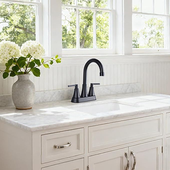 VCCUCINE Bathroom Faucets for Sink 3 Hole, Hurran 4 inch Matte Black with Pop-up Drain and 2 Supply Hoses, Stainless Steel 2-Handle Centerset Faucet for Sink Vanity