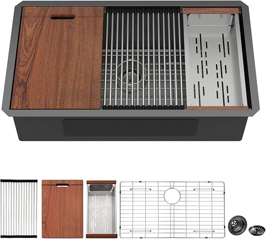 Mocoloo 32 Inch Undermount Kitchen Sink, 32x19 Gunmetal Black Stainless Steel Workstation Sink, 16 Gauge Modern Single Bowl 10'' Deep Kitchen Basin