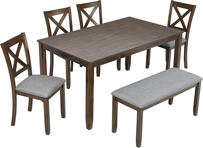 6-Piece Kitchen Dining Set, Rectangular Wooden Dining Table with 4 Upholstered Chairs and 1 Bench, Modern Dining Table Set for 6 People for Dining Room, Home Bar and Kitchen, Walnut