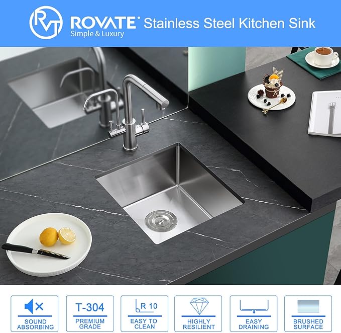 Bar Sink, ROVATE 15 x 15 x 8 inch Bar or Prep Kitchen Sink Undermount, Single Bowl T-304 Stainless Steel Small Sinks Handmade with Strainer