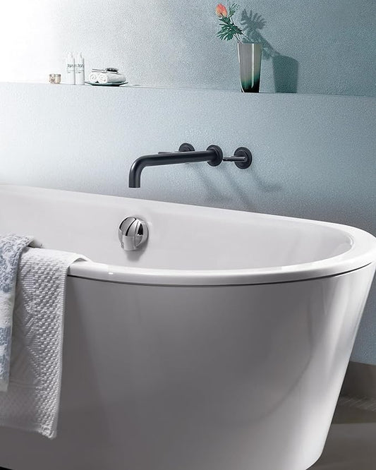 WOWOW Wall Mount Tub Filler: Matte Black Tub Faucet High Flow Two Handles Solid Brass, Long Spout Reach, Bathroom Bathtub Faucets with 2 Handles Tub Faucet with Brass Rough in Valve Included