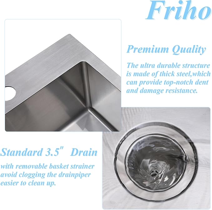 Friho 18x18 Inch Drop in Bar Sink, Topmout Small Kitchen Sink, 16 Ganuge Handmade T-304 Stainless Steel Single Bowl Sink for RV Wet Bar Prep RV Outdoor Yard Office Laundry Utility with Accessories