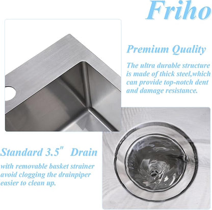 Friho 18x18 Inch Drop in Bar Sink, Topmout Small Kitchen Sink, 16 Ganuge Handmade T-304 Stainless Steel Single Bowl Sink for RV Wet Bar Prep RV Outdoor Yard Office Laundry Utility with Accessories
