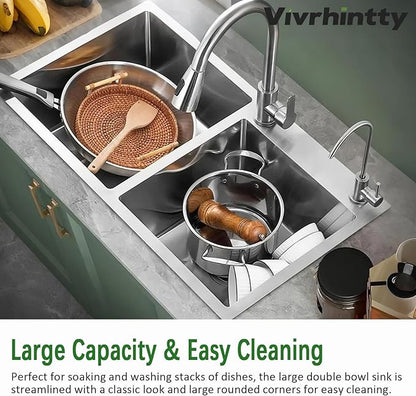 30-inch Kitchen Sink, Double Bowl Drop-in/Top-Mount 304 Stainless Steel with Nano Coating, Includes Drain Assembly & Fruit Basket for Modern Kitchen (30.7" x 16.9")