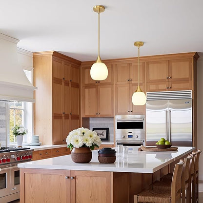 Kitchen Island Pendant Light: Mid Century Brushed Gold Hanging Light Fixtures with Milky Glass Globe - 6 Inch Farmhouse Chandeliers Ceiling Lighting for Dining Room