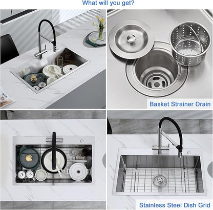 MENATT 30x18 Inch Drop in Kitchen Sink, 304 Stainless Steel Single Bowl with Dual Faucet Holes & Bottom Grid Mat, X-Shape Drain, 9" Deep Large Sink for Spacious Kitchen, Laundry, Bar, Commercial Use