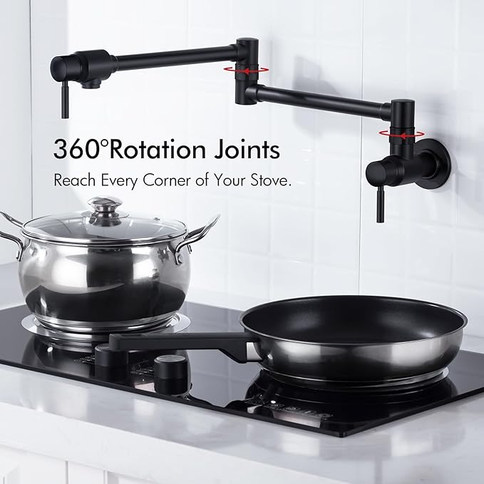 BAGNOLUX Pot Filler Faucet, Wall Mount Pot Filler Commercial Brass Kitchen Faucet Cold Water Only Double Lever Handle with Dual Joint Swing Arm Brass Stove Faucet, Matte Black, 23.4''