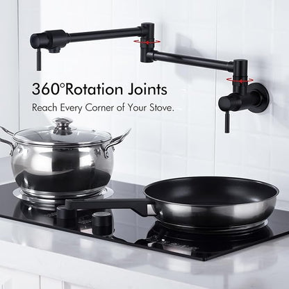 BAGNOLUX Pot Filler Faucet, Wall Mount Pot Filler Commercial Brass Kitchen Faucet Cold Water Only Double Lever Handle with Dual Joint Swing Arm Brass Stove Faucet, Matte Black, 23.4''