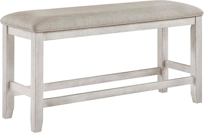 Lexicon Counter Height Dining Bench with Padded Seat and Wooden Frame, Entryway Bench, Light Gray Textured Fabric Upholstered Dining Seat for Kitchen/Living Room, 25.5" SH, Brushed Antique White