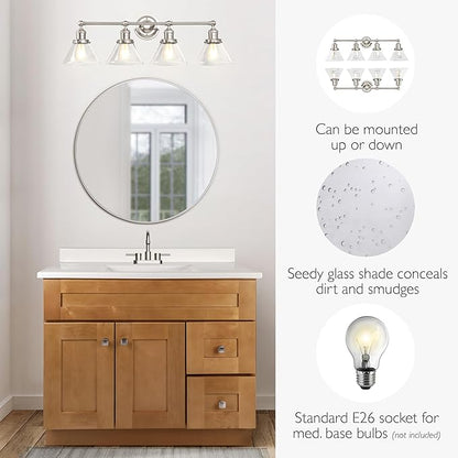 Design House Augustin Vanity Light, 4-Light, Seeded Glass Warm Glow, Dimmable, Up/Down Glow, Easy Installation, E26 Socket, Satin Nickel, 34.9 in L x 8.3 in D x 11.1 in H, 589044-SN