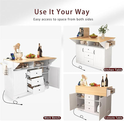 Large Kitchen Island with 2 Drop Leaf Rolling Cart with Power Outlet Folding Storage Dining Table with Spice and Towel Rack Practical(White)