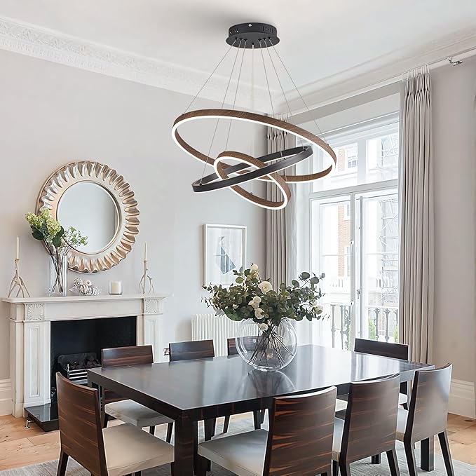 LED 3 Ring Chandelier Dining Room Modern Black Chandelier with Remote Control Dimmable High Ceiling Pendant Light for Entry Foyer Living Room Bedroom Kitchen Island, 75W