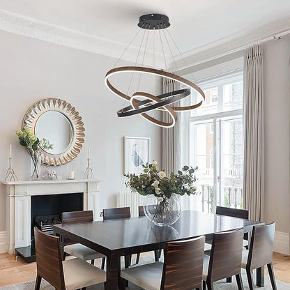 LED 3 Ring Chandelier Dining Room Modern Black Chandelier with Remote Control Dimmable High Ceiling Pendant Light for Entry Foyer Living Room Bedroom Kitchen Island, 75W