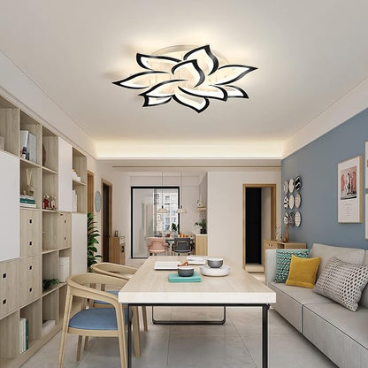Garwarm Modern LED Ceiling Lights,Dimmable Flush Mount Ceiling Lamp Fixture, Black Petals Flower Shape Ceiling Light Chandelier Lighting for Bedroom Living Dining Room (72W, Black)
