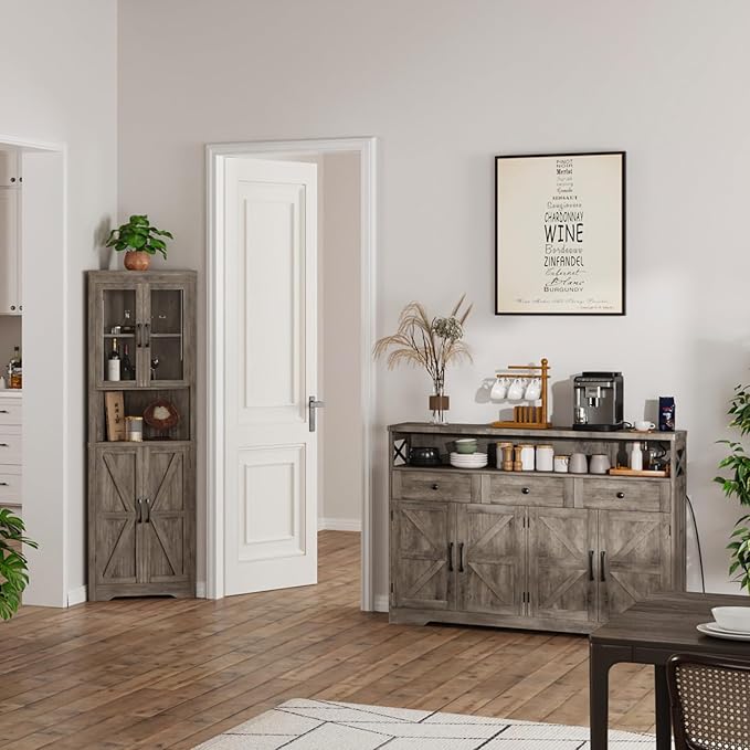 FiveWillowise 51" Farmhouse Buffet Sideboard with Storage, Kitchen Pantry Cabinet with Storage Drawers, Wood Cupboard Hutch, Coffee Bar Station Table for Kitchen, Living Room, Dining Room, Grey