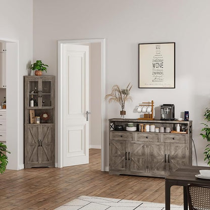 FiveWillowise 51" Farmhouse Buffet Sideboard with Storage, Kitchen Pantry Cabinet with Storage Drawers, Wood Cupboard Hutch, Coffee Bar Station Table for Kitchen, Living Room, Dining Room, Grey