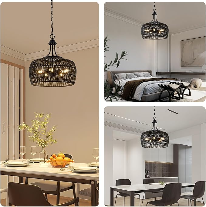 Kitchen Island Light Fixtures, 5-Light Rustic Ceiling Fixture with Twine Making Lampshade, Adjustable Height Boho Light Fixture, Vintage Pendant Lighting for Kitchen, Bedroom (Balck)