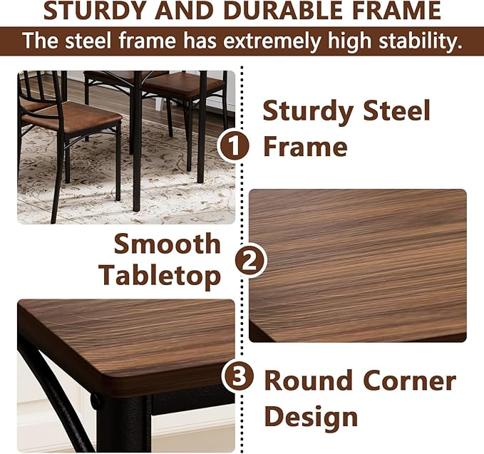 5 Piece Dining Table Set for 4, Farmhouse Kitchen Table and PU Chairs, Small Space Compact Dinette, Wood Top & Metal Frame, Breakfast Nook Set for Apartment Dining Room (Walnut+Black)