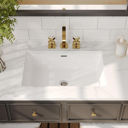 DeerValley 24x16 Inch Rectangular Undermount Bathroom Sink, White Ceramic Under Counter Sink with Flat Overflow, DV-1U0209