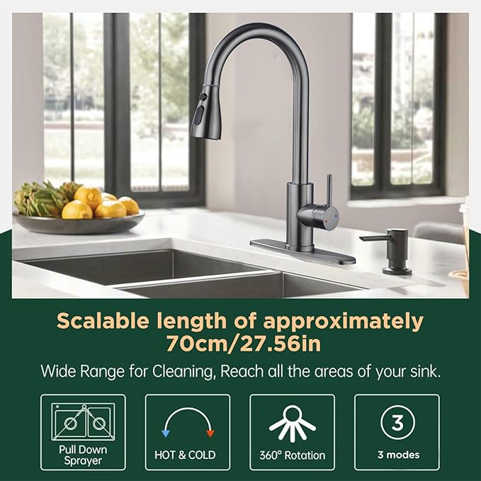 Kitchen Faucet with Pull Down Sprayer，Stainless Steel Single Handle Kitchen Faucet，1/3 Hole, Deck Plate Included，Suitable for farmhouses, Campers, Laundry Rooms, RVs, and Bars (Gun Gray)